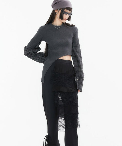 Asymmetric Plaid Sleeve Knit Top